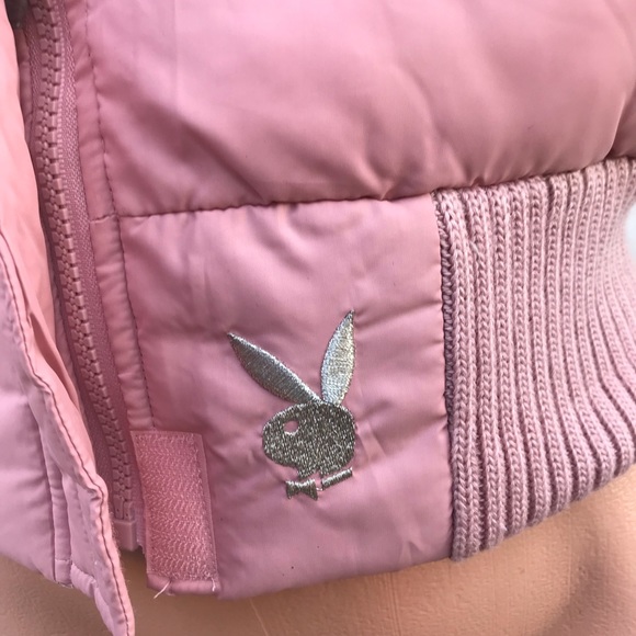 Pink playboy snow bunny puffer vest mauve jacket hoodie coat sexy vintage y2k - Picture 2 of 8